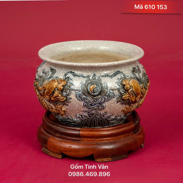 Bát nhang dáng lựu, mã 610153, đắp nổi rồng chầu mặt nguyệt, men rạn cổ bát tràng, gốm tinh vân