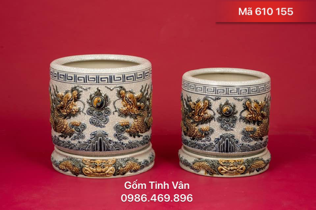 Bát nhang lưỡng long chầu nguyệt, mã 610155, chân đế sứ, đắp nổi men rạn cổ, gốm bát tràng, tinh vân
