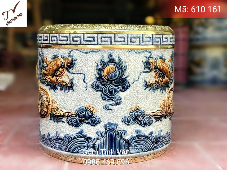 Bát nhang men rạn cổ đắp nổi, mã 610161, chạm khắc viền đồng tinh xảo, đủ cỡ từ 12-14-16-18-20-22-25-30-35-40-50 cm, gốm bát tràng, tinh vân, cao cấp