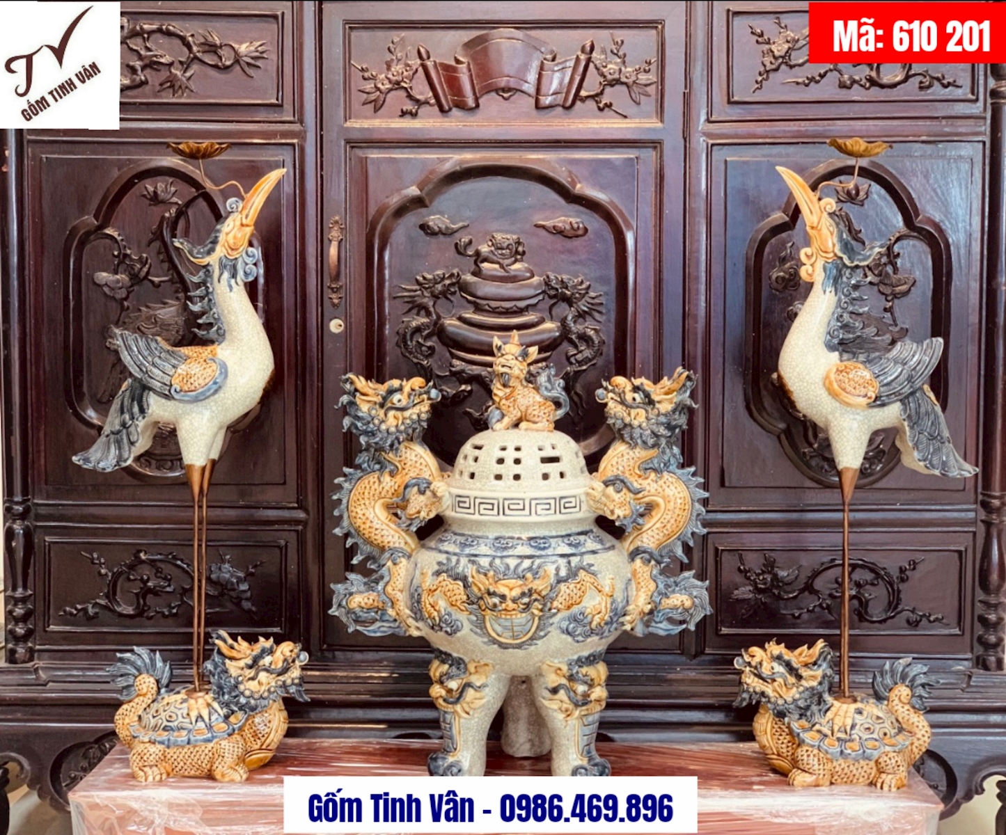 Bộ đỉnh hạc cao cấp, mã 610201, men rạn cổ đắp nổi 3D, chân đồng, hạc cao 45-50 cm, hạc cưỡi long quy, đỉnh đắp kỳ lân, rồng nổi, chạm khắc tinh xảo, đồ thờ cúng gốm bát tràng tinh vân