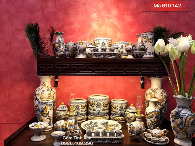 Bộ đồ thờ cúng, mã 610142,  ban gia tiên, ban phật, men rạn cổ rồng đắp nổi, gốm bát tràng, tinh vân