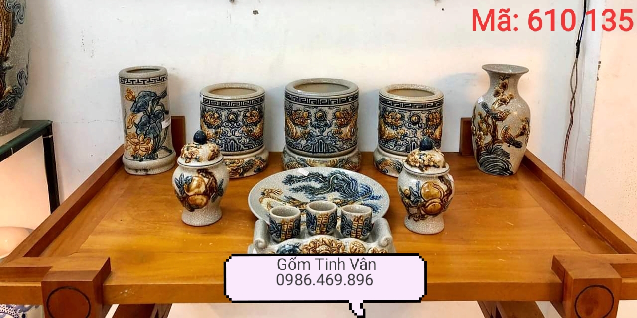 Bộ đồ thờ cúng 3 bát nhang, mã 610135, gốm sứ bát tràng, tinh vân