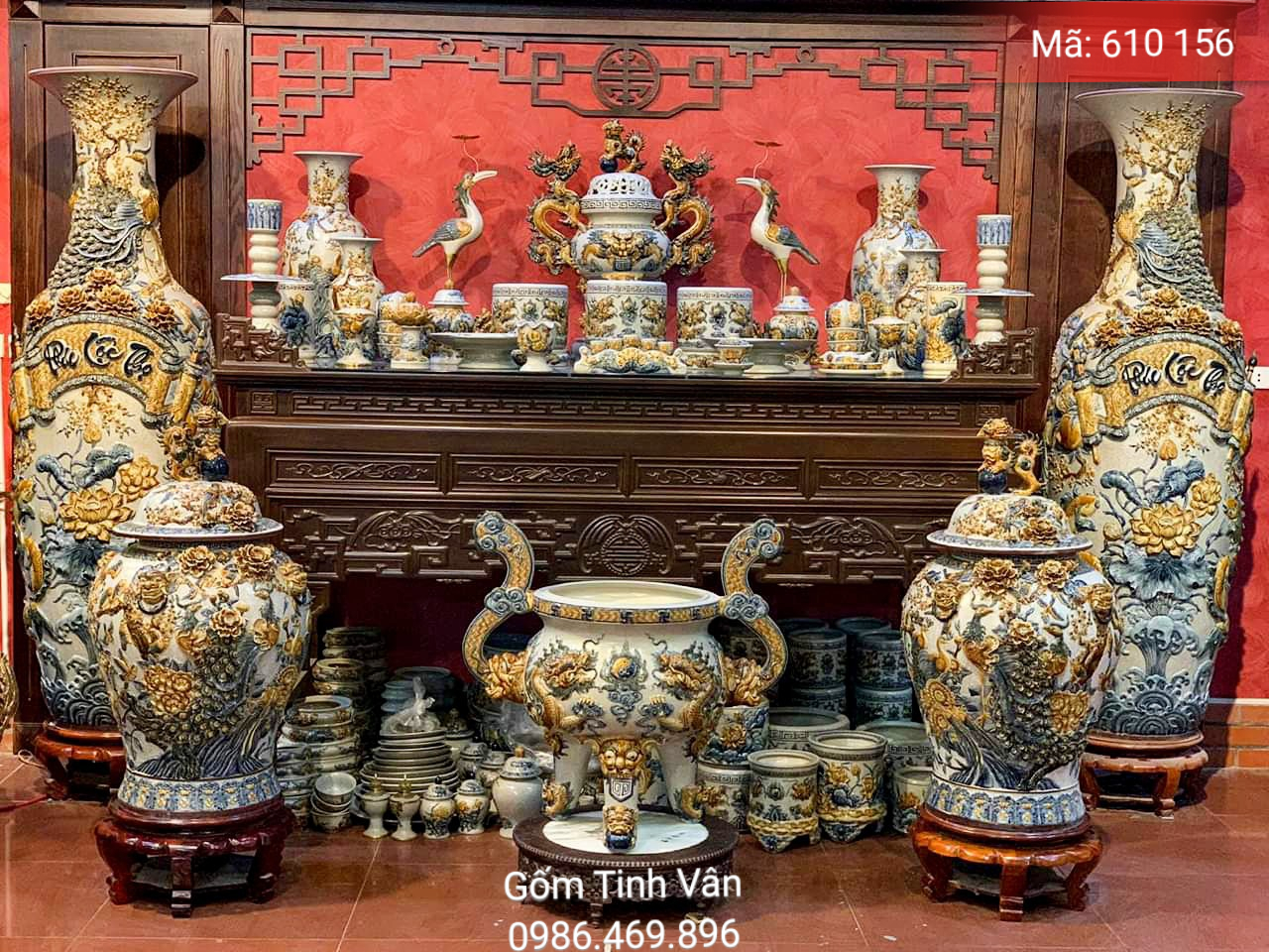 Bộ đồ thờ cúng đầy đủ, mã 610156, men rạn cổ đắp nổi, lọ lục bình 1,75m, choé tài lộc 75 cm, lư hương cỡ đại, đỉnh hạc ngũ sự, gốm bát tràng, tinh vân