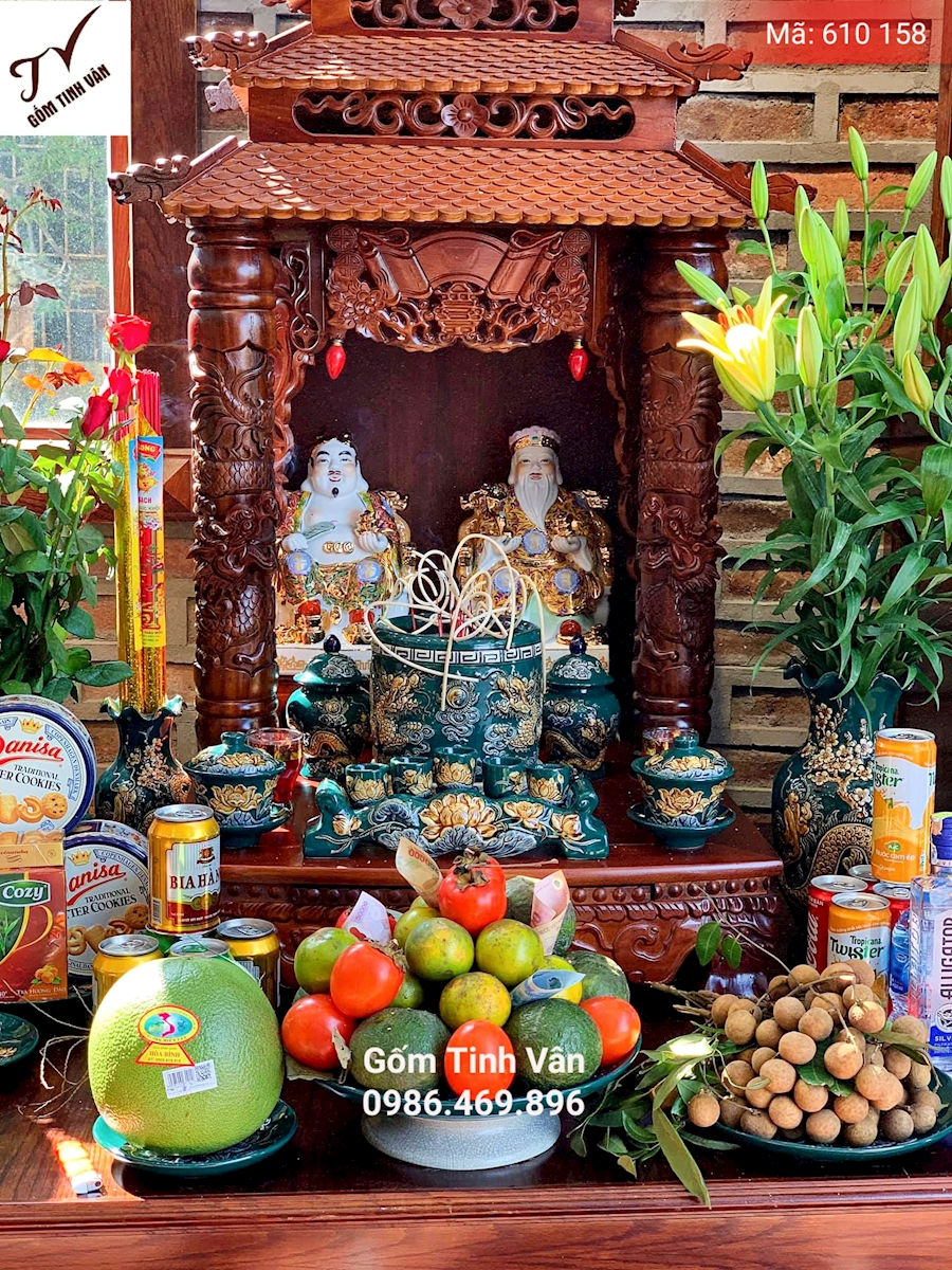 Bộ đồ thờ cúng, ban tài địa đầy đủ, mã 610158, màu xanh lục, mệnh mộc, gốm bát tràng, tinh vân