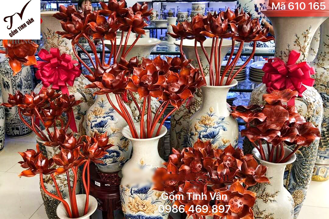 Bộ sen gỗ hương nâu đỏ, 10 cành,mã 610165, bông sen, lá sen, dài sen, búp sen, lá sen, gốm tinh vân, cao 75 cm