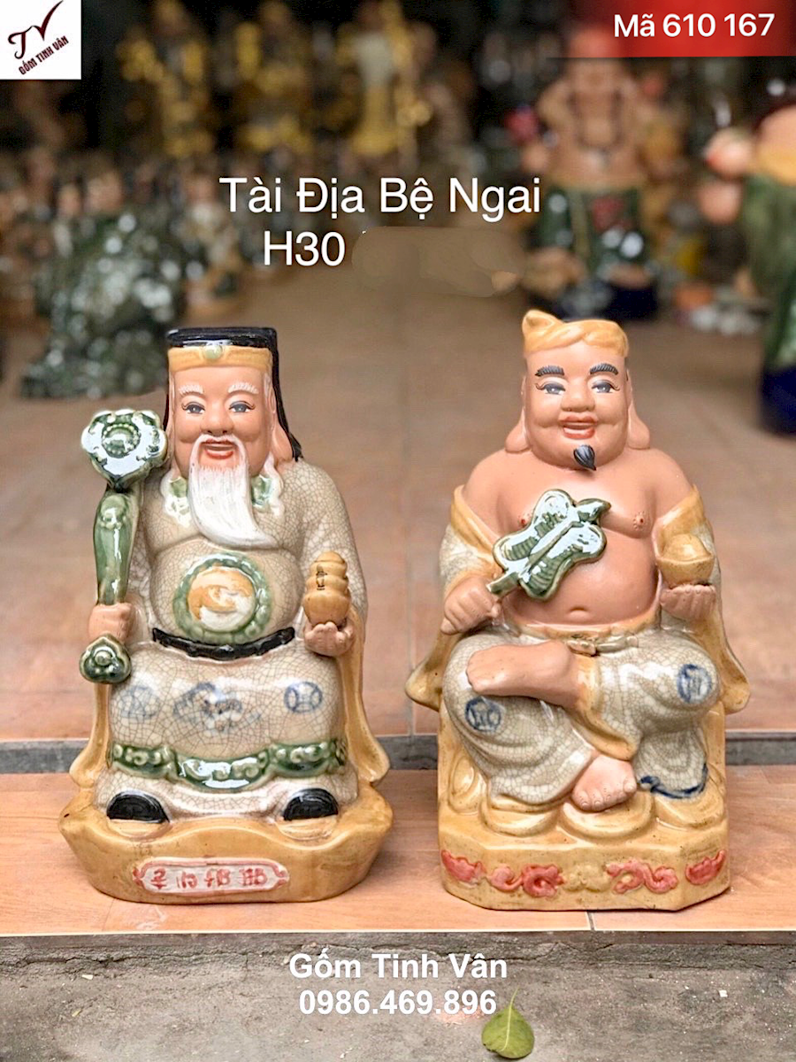 Bộ tượng thần tài địa bệ ngai, mã 610167, hoa văn đắp nổi 3D, cao 30 cm, men rạn cổ cao cấp, đồ thờ bát tràng tinh vân
