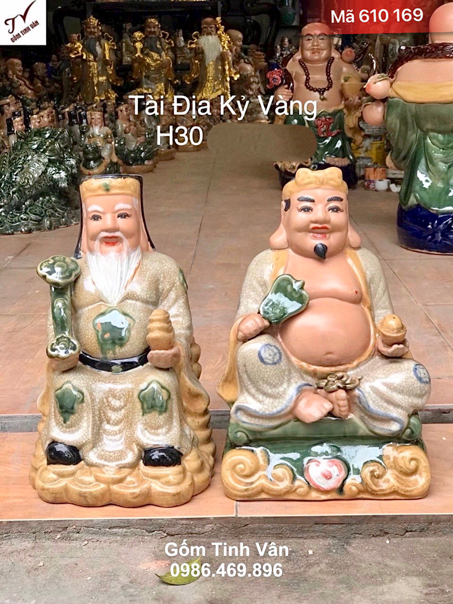 Bộ tượng thần tài địa kỷ vàng, mã 610169, hoa văn đắp nổi 3D, cao 30 cm, men rạn cổ cao cấp, đồ thờ bát tràng tinh vân