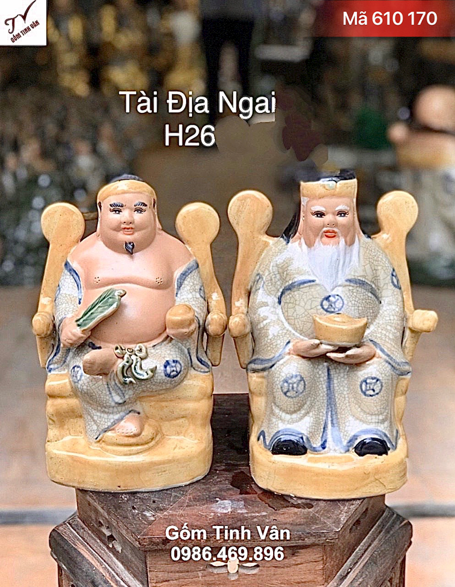 Bộ tượng thần tài địa ngai, mã 610170, hoa văn đắp nổi 3D, cao 26 cm, men rạn cổ cao cấp, đồ thờ bát tràng tinh vân