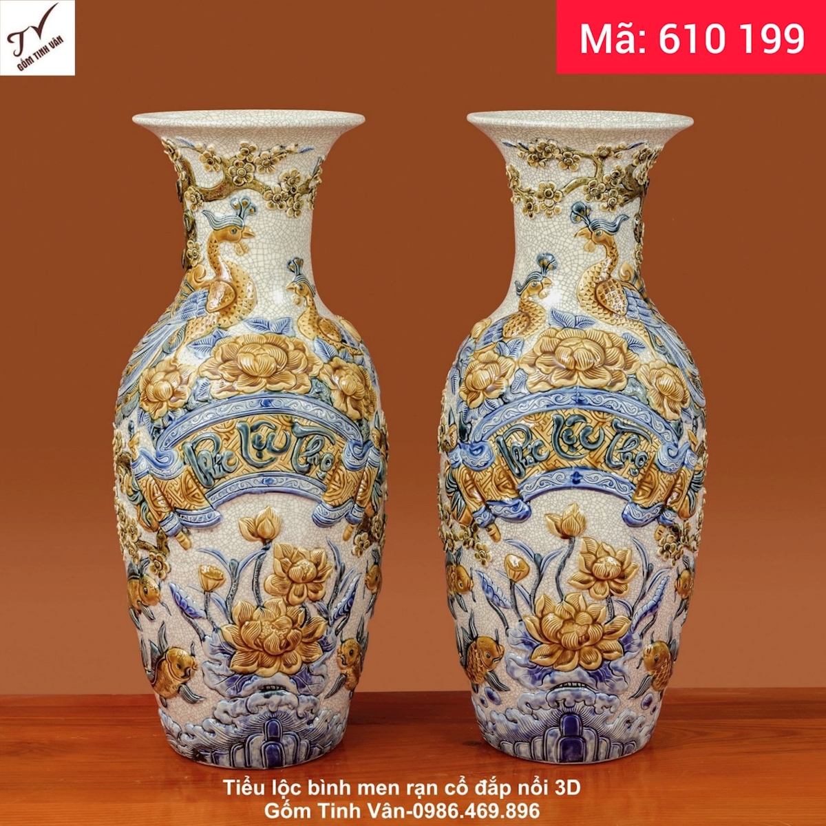 Cặp lọ lộc bình, đôi tiểu lục bình phúc lộc thọ, mã 610199, men rạn cổ hoa văn chim công hoa đào, cá chép hoa sen đắp nổi 3D cao cấp, cao 50, ngang 23 cm, ý nghĩa vinh hoa phú quý, đồ thờ cúng, gốm sứ bát tràng tinh vân