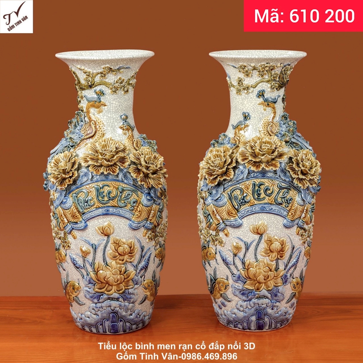 Cặp lọ lộc bình, đôi tiểu lục bình phúc lộc thọ, mã 610200, men rạn cổ hoa văn chim công hoa đào, cá chép hoa sen đắp nổi 3D cao cấp, cao 50, ngang 23 cm, ý nghĩa vinh hoa phú quý, đồ thờ cúng, gốm sứ bát tràng tinh vân