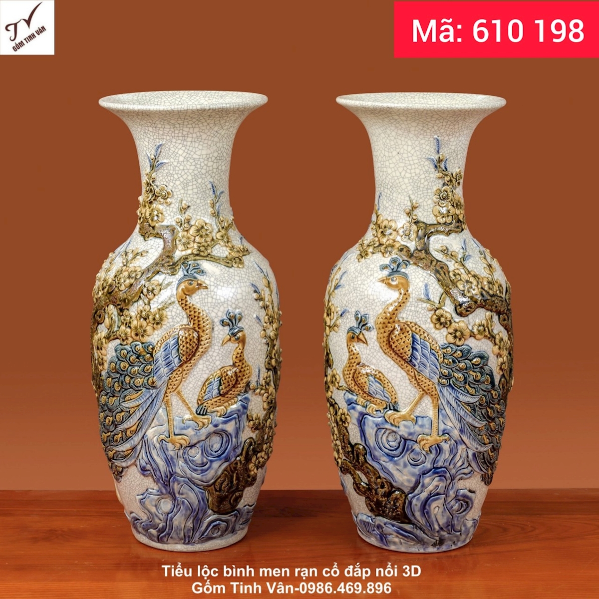 Cặp lọ lộc bình, đôi tiểu lục bình, mã 610198, men rạn cổ hoa văn chim công hoa đào đắp nổi 3D cao cấp, cao 40, ngang 20 cm, ý nghĩa vinh hoa phú quý, đồ thờ cúng, gốm sứ bát tràng tinh vân