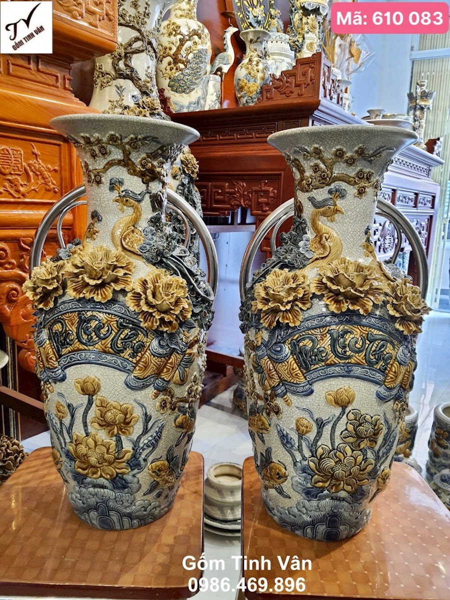 Cặp tiểu lục bình, lộc bình, cao 50 cm, mã 610183, phúc lộc thọ, cửu ngư quần tụ, chim công hoa mẫu đơn, vinh hoa phú quý, đủ các ý nghĩa phong thủy trên cặp bình, nghệ nhân chế tác tinh xảo, hoa văn đắp nổi 3D sống động, gốm sứ bát tràng tinh vân