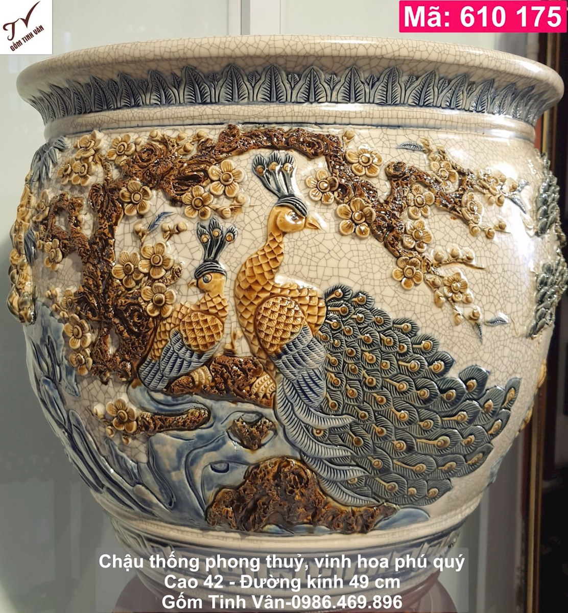 Chậu thống men rạn cổ hoa văn đắp nổi 3 D, mã 610175, chin công hoa đào, bốn mùa xuân hạ thu đông, chậu thống đựng nước phong thủy hút tài lộc, trưng bày trong phòng thờ, cao 42 đường kính 49 cm, gốm sứ bát tràng tinh vân