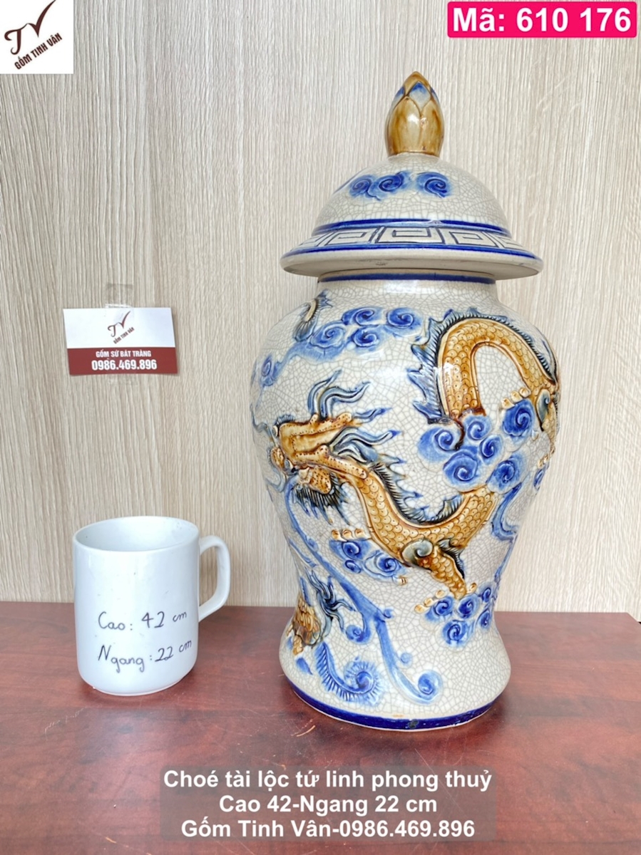 Chóe tài lộc phong thủy, mã 610178, men rạn cổ, hoa văn đắp nổi tứ linh, long ly quy phụng, cao 42 ngang 22 cm, 10 lit, đựng muối gạo nước phong thủy, hoặc trưng bày, gốm sứ bát tràng tinh vân cao cấp