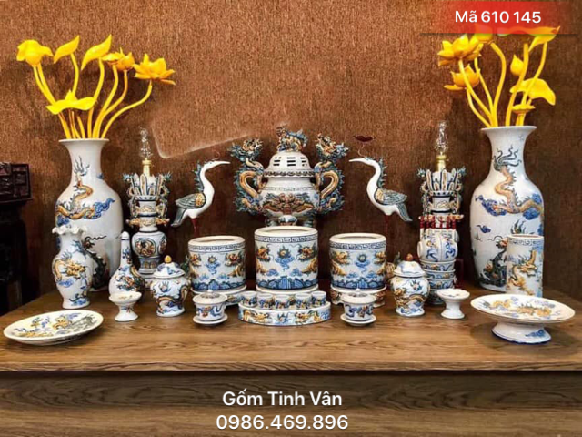 Đồ thờ cúng, bát nhang, đỉnh hac, mã 610145, men rạn cổ đắp rồng nổi, gốm bát tràng tinh vân