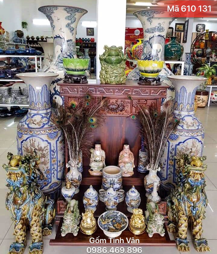 Trọn bộ đồ thờ cúng ban thần tài thổ địa, mã 610131, gốm bát tràng, tinh vân