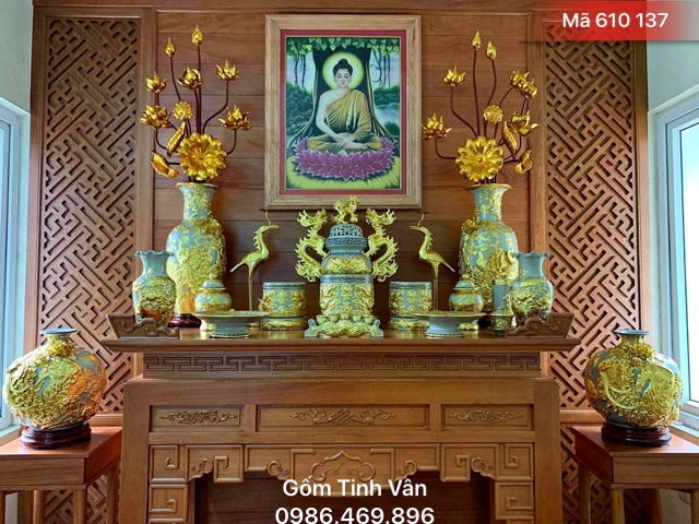 Trọn bộ đồ thờ cúng đầy đủ, mã 610137, men rạn cổ đắp nổi, rát vàng 24k, gốm sứ bát tràng, tinh vân