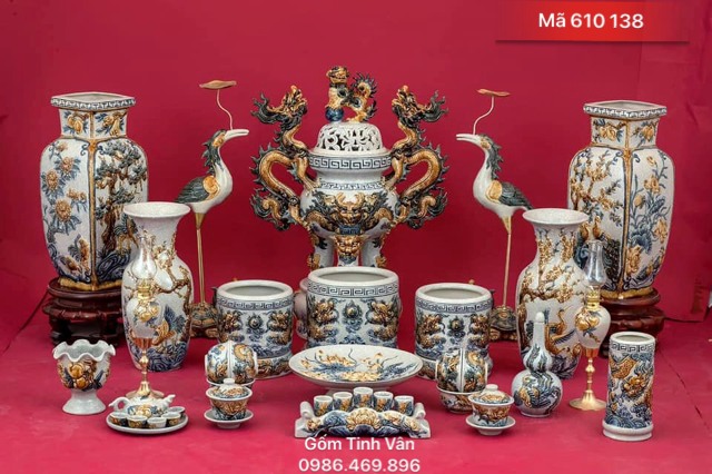 Bộ đồ thờ cúng đầy đủ, mã 610138, bát nhang, đỉnh hạc, men rạn cổ đắp nổi, gốm sứ bát tràng tinh vân cao cấp