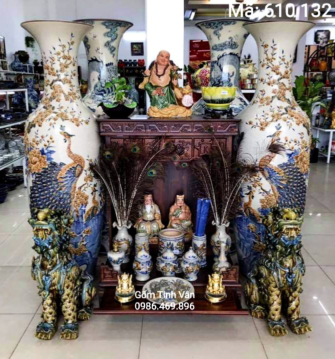 Trọn bộ đồ thờ cúng tài địa, mã 610132, lọ lục bình chim công rạn nổi, nghê gốm phong thủy, gốm bát tràng, tinh vân