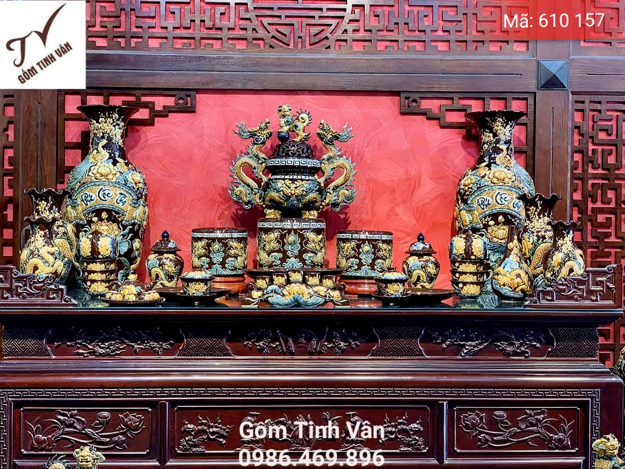 Trọn bộ đồ thờ theo bản mệnh, mã 610157, hoa văn đắp nổi, màu nâu đất-mệnh thổ, gốm bát tràng, tinh vân