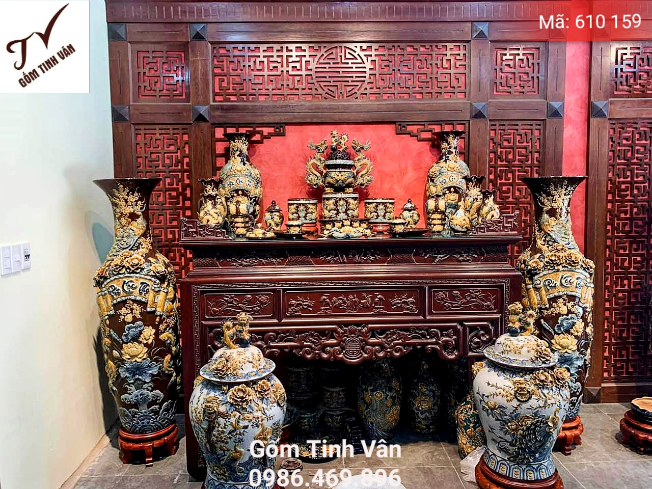 Trọn bộ đồ thờ theo bản mệnh, mã 610159, hoa văn đắp nổi, màu nâu đất-mệnh thổ, gốm bát tràng, tinh vân