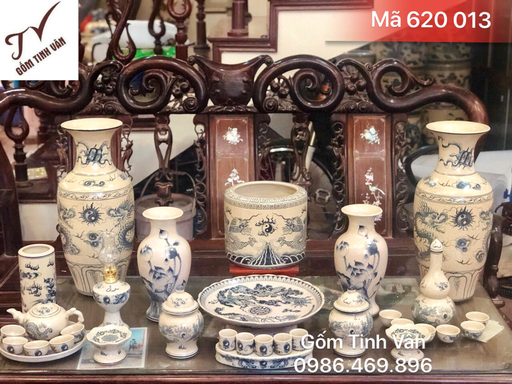 Bộ đồ thờ cúng đầy đủ, mã 620013, trưng ban thờ, men rạn cổ, hoa văn rồng chầu mặt nguyệt, hoa sen, gốm bát tràng, tinh vân