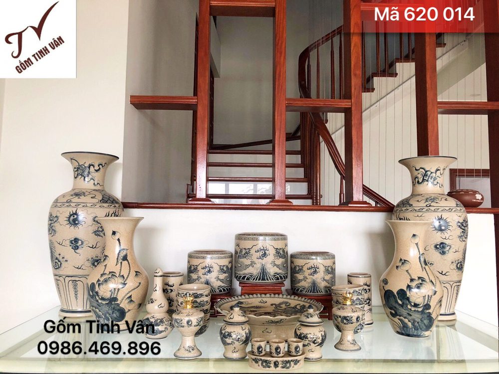 Bộ đồ thờ đầy đủ, mã 620014, men rạn cổ, hoa văn vẽ rồng chầu mặt nguyệt, hoa sen, gốm bát tràng, tinh vân
