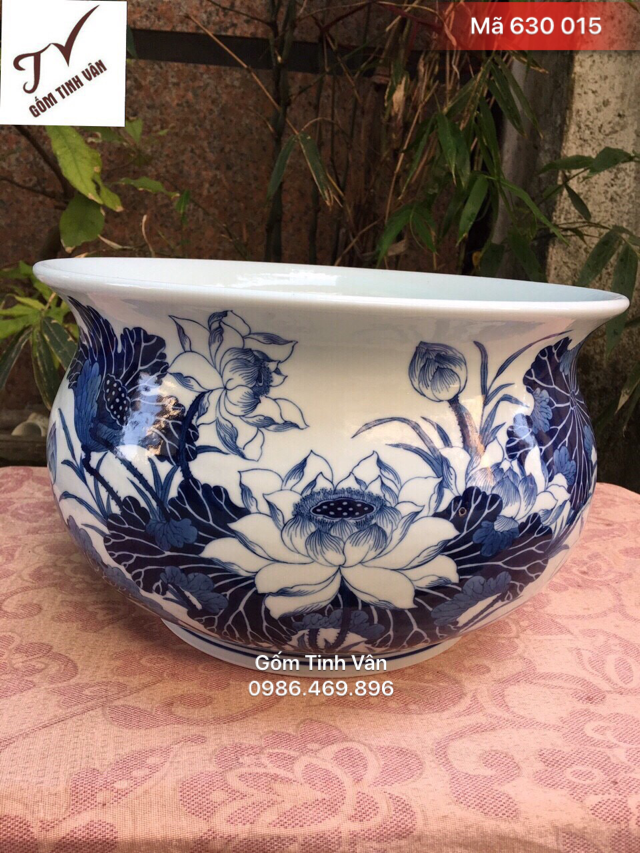 Bát nhang vẽ tay hoa sen, mã 630015, bát hương dáng lựu, vẽ kỹ, sắc nét, đk miệng 31.5 cm, đáy 20 cm, cao 19 cm, gốm bát tràng, tinh vân