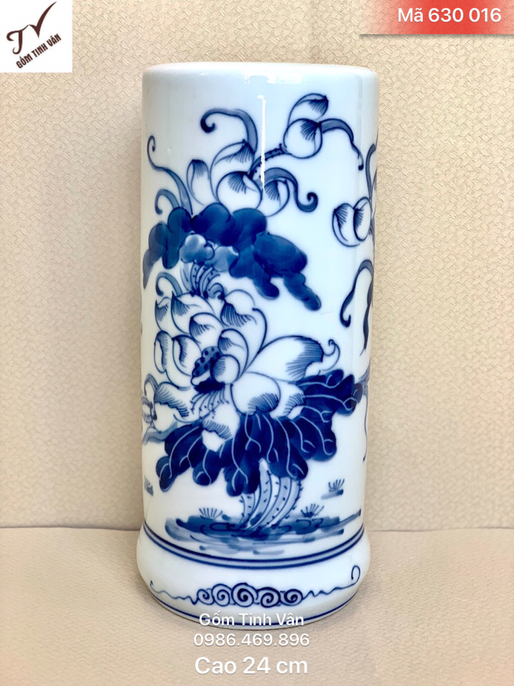Ống cắm hương (nhang), mã 630016, hoa sen vẽ tay men xanh lam truyền thống, cao 24 cm đk 10 cm, gốm sứ bát tràng, tinh vân