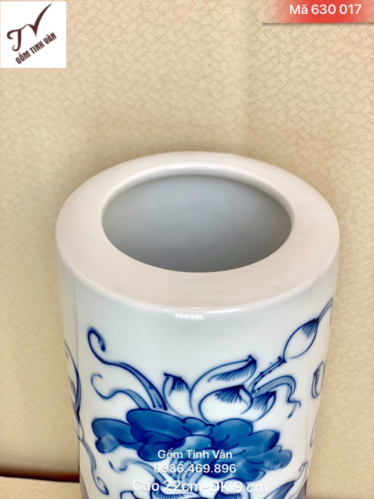 Ống cắm hương (nhang) chân cao, mã 630017, hoa sen vẽ tay, men xanh lam truyền thống, cao 22 cm đk 9cm, gốm sứ bát tràng, tinh vân