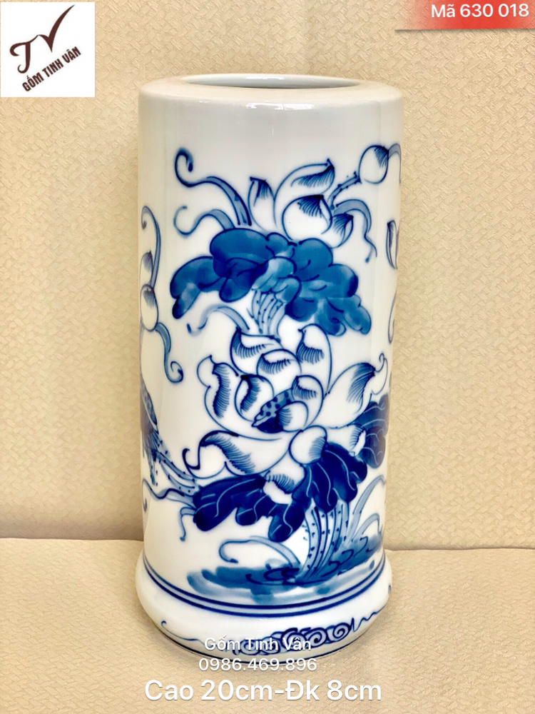 Ống cắm hương (nhang), mã 630018, hoa sen vẽ tay, men xanh lam truyền thống, cao 20 cm đk 8 cm, gốm sứ bát tràng, tinh vân