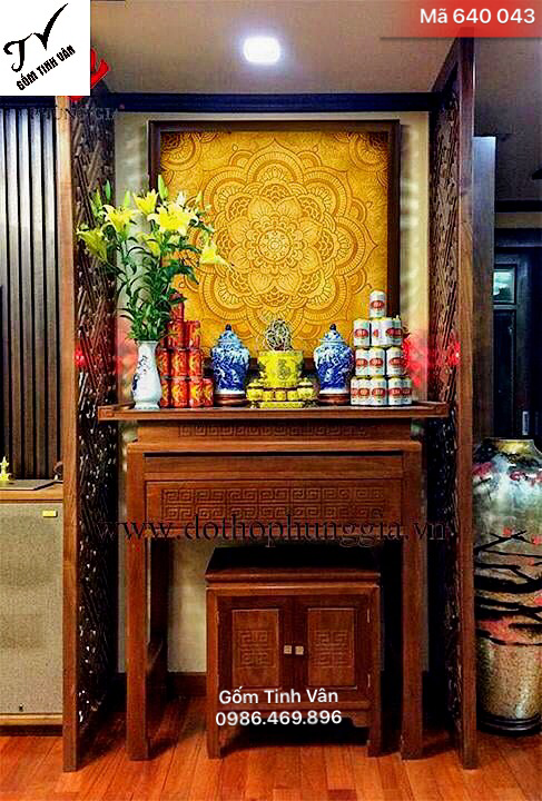 Bộ ban thờ gia tiên, đơn giản, men xanh lam truyền thống, mã 640043, gốm sứ bát tràng, tinh vân
