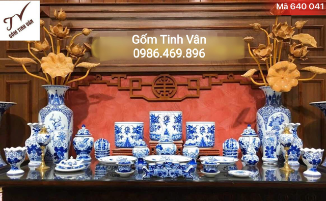 Bộ thờ cúng đầy đủ, mã 640041, men xanh lam truyền thống, hoa văn vẽ tay sắc nét, bát nhang, bình bông, mâm bồng..., gốm sứ bát tràng, tinh vân