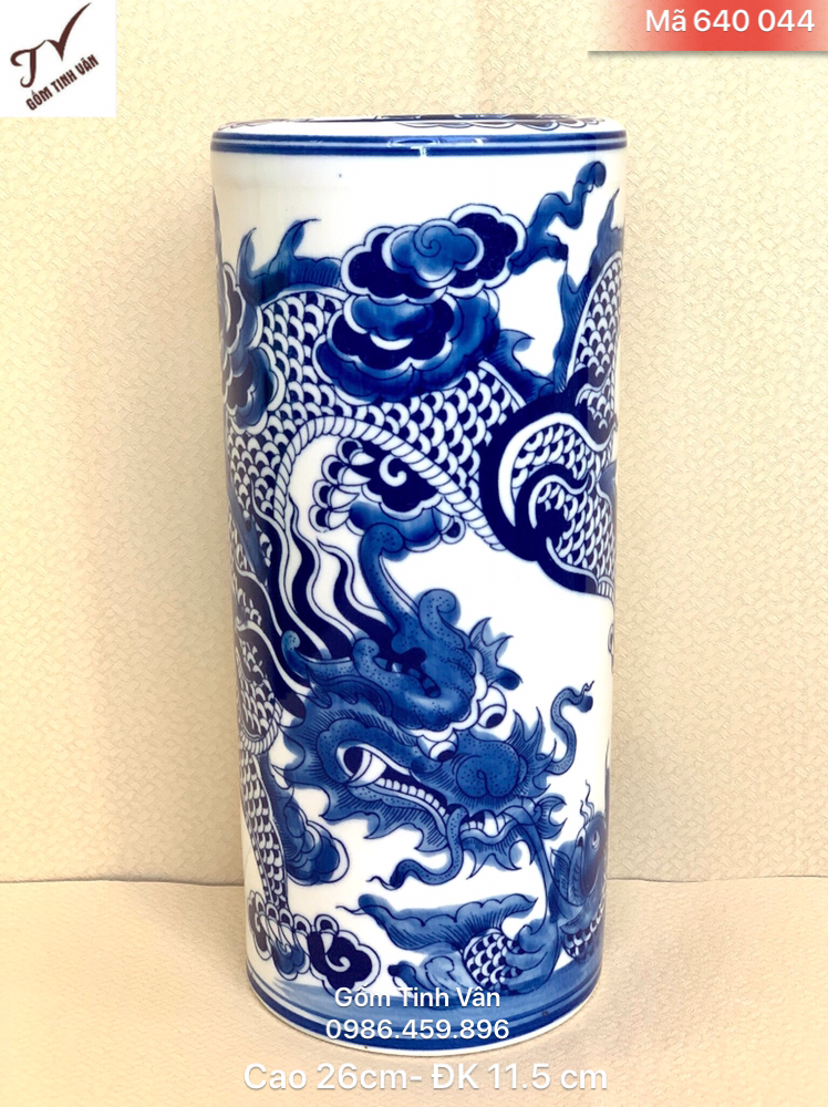 Ống cắm hương (nhang), mã 640044, long cuốn thủy vẽ tay, men xanh lam truyền thống, cao 26 cm đk 11.5 cm, gốm sứ bát tràng, tinh vân