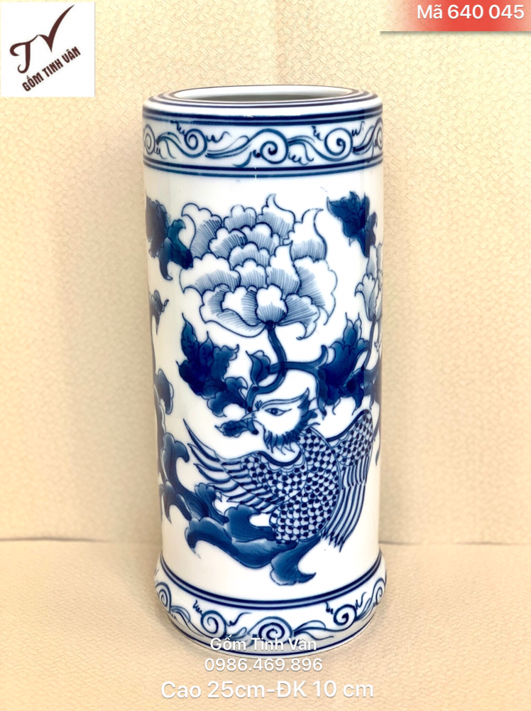 Ống cắm hương (nhang), mã 640045, hoa phù dung vẽ tay, men xanh lam truyền thống, cao 25 cm đk 10 cm, gốm sứ bát tràng, tinh vân