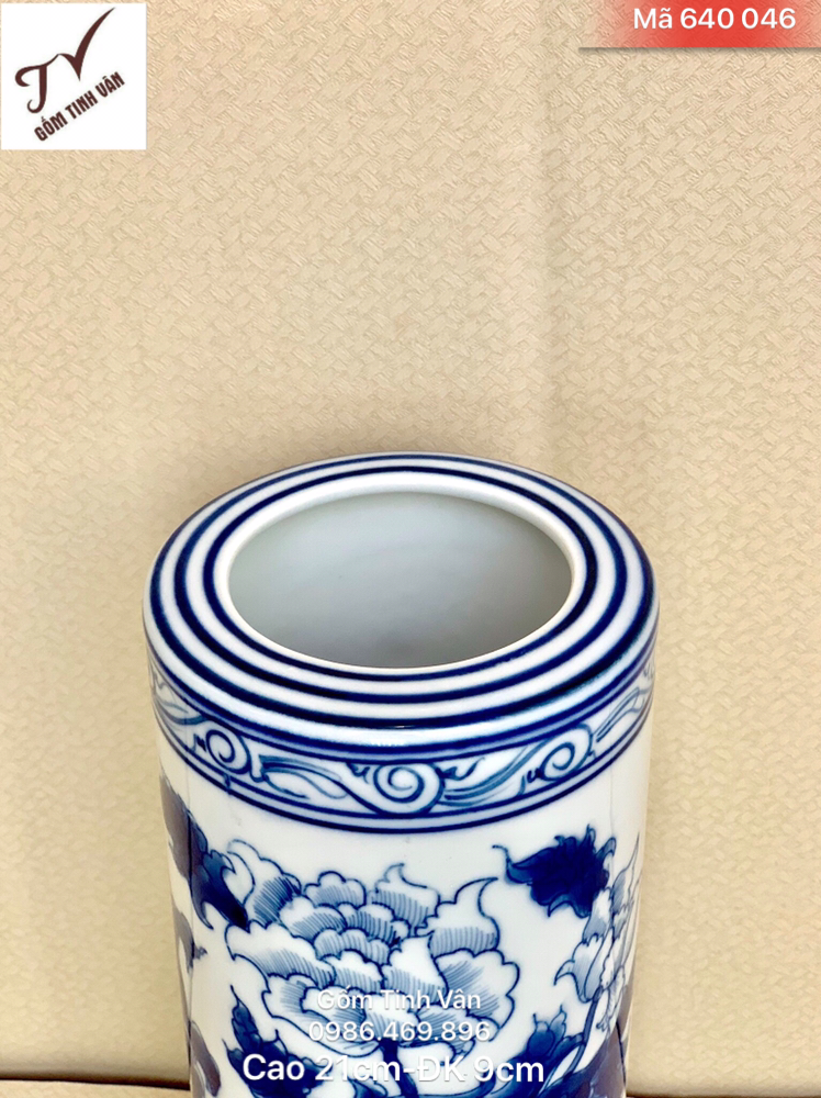 Ống cắm hương (nhang), mã 640046, hoa phù dung vẽ tay, men xanh lam truyền thống, cao 21 cm đk 9cm, gốm sứ bát tràng, tinh vân