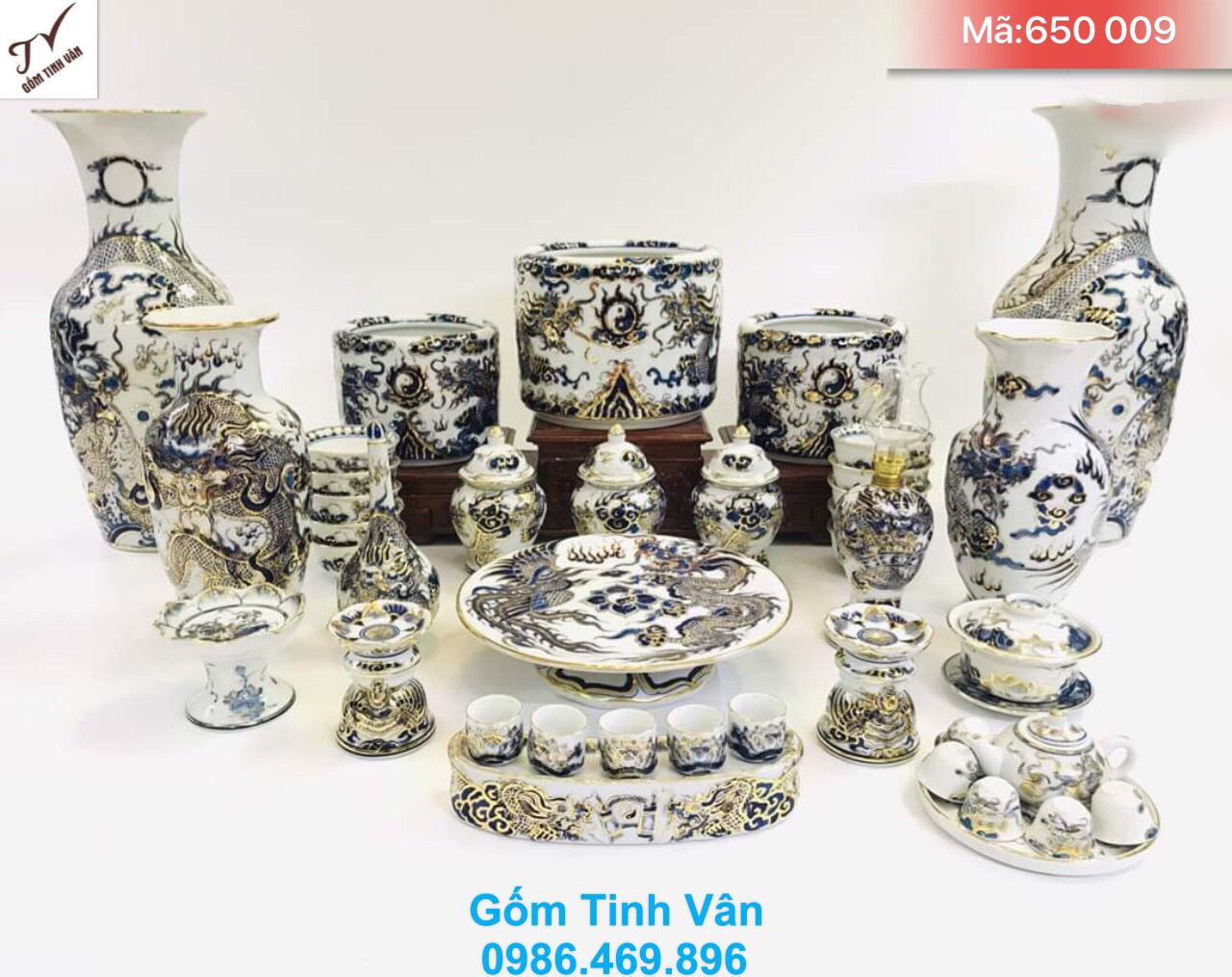 Bộ đồ thờ cúng đầy đủ xanh lam rồng nổi 3D vẽ vàng 24k cao cấp, mã 650009, bát nhang, lọ hoa, kỷ chén, đèn dầu, chân nến, đĩa trái cây, đũa sứ, ống cắm nhang, choé muối gạo nước..., bộ đồ thờ gốm bát tràng