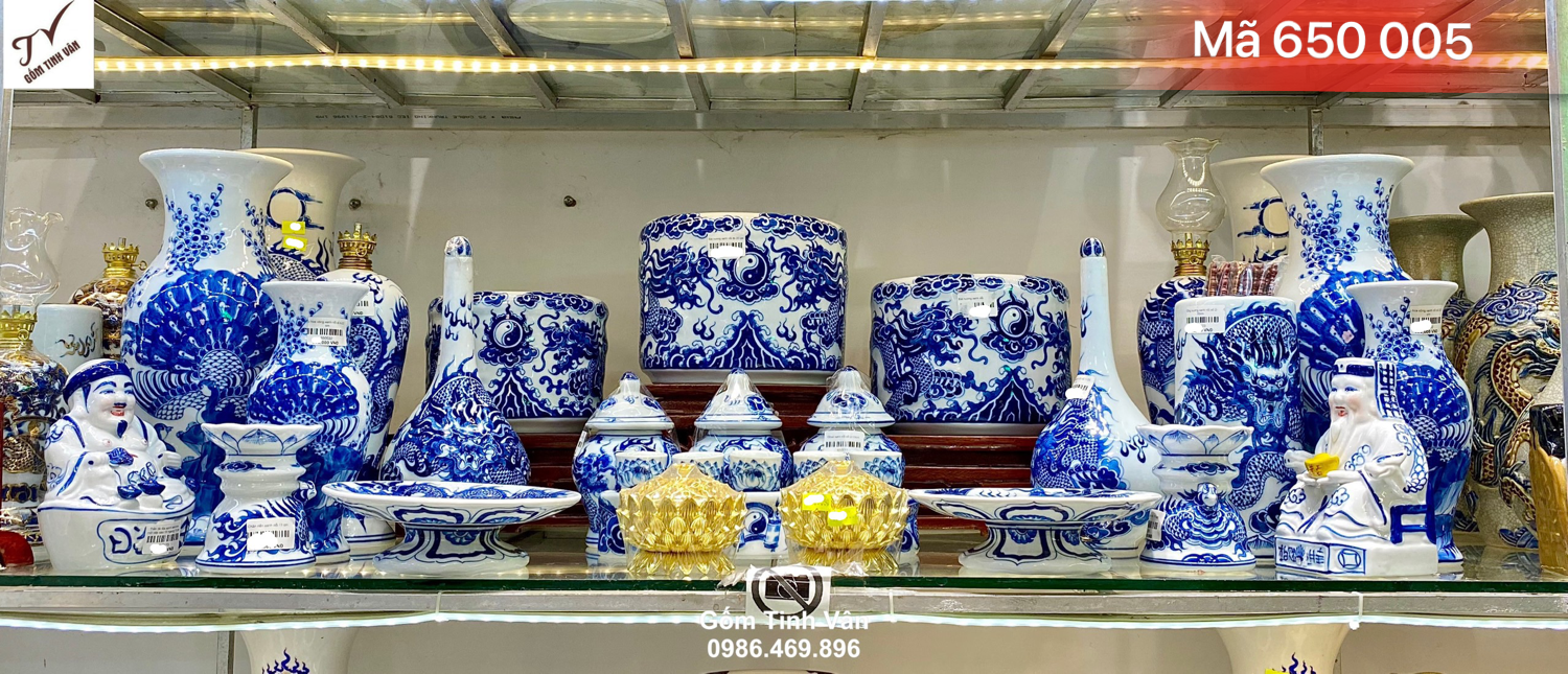 Bộ đồ thờ cúng đầy đủ xanh lam rồng nổi 3D, nã 650005, hoa văn đắp nổi sắc nét, sang trọng, trưng ban thờ rất đẹp, gốm bát tràng cao cấp, đủ kích cỡ