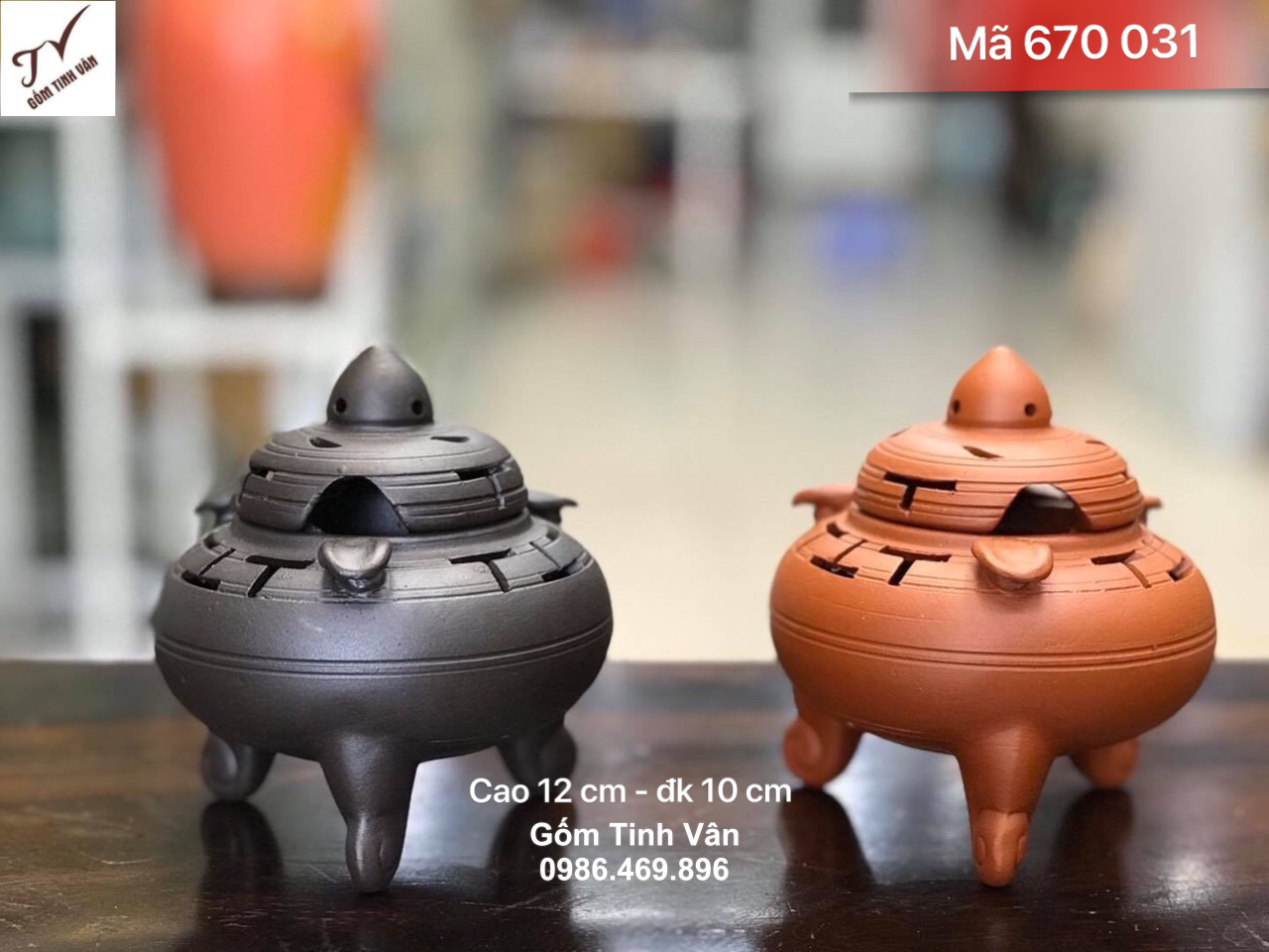 Đốt trầm hương gốm tử sa, mã 670031, cao 12 cm dk 10cm, nâu đen và nâu đỏ, gốm bát tràng cao cấp