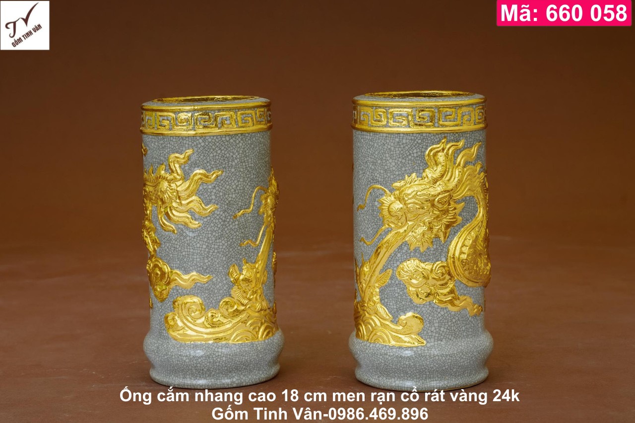 1 Chiếc ống cắm nhang, ống cắm hương, cao 18 cm, hoa văn rồng chầu mặt nguyệt chạm nổi 3D, bọc viền đồng, mã 660058, men rạn cổ, rát vàng 24k đẳng cấp, giá trị cao, đồ thờ cúng gốm sứ bát tràng tinh vân