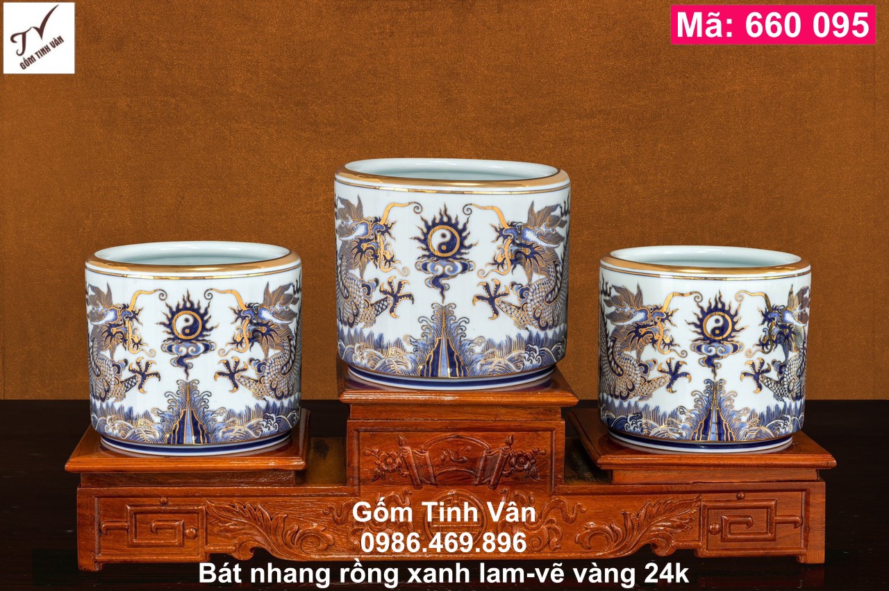 1 Bát nhang, mã 660095, rồng xanh lam, vẽ vàng 24k, đồ thờ cúng, ban gia tiên, tài địa, phật, ông táo, gốm bát tràng, tinh vân