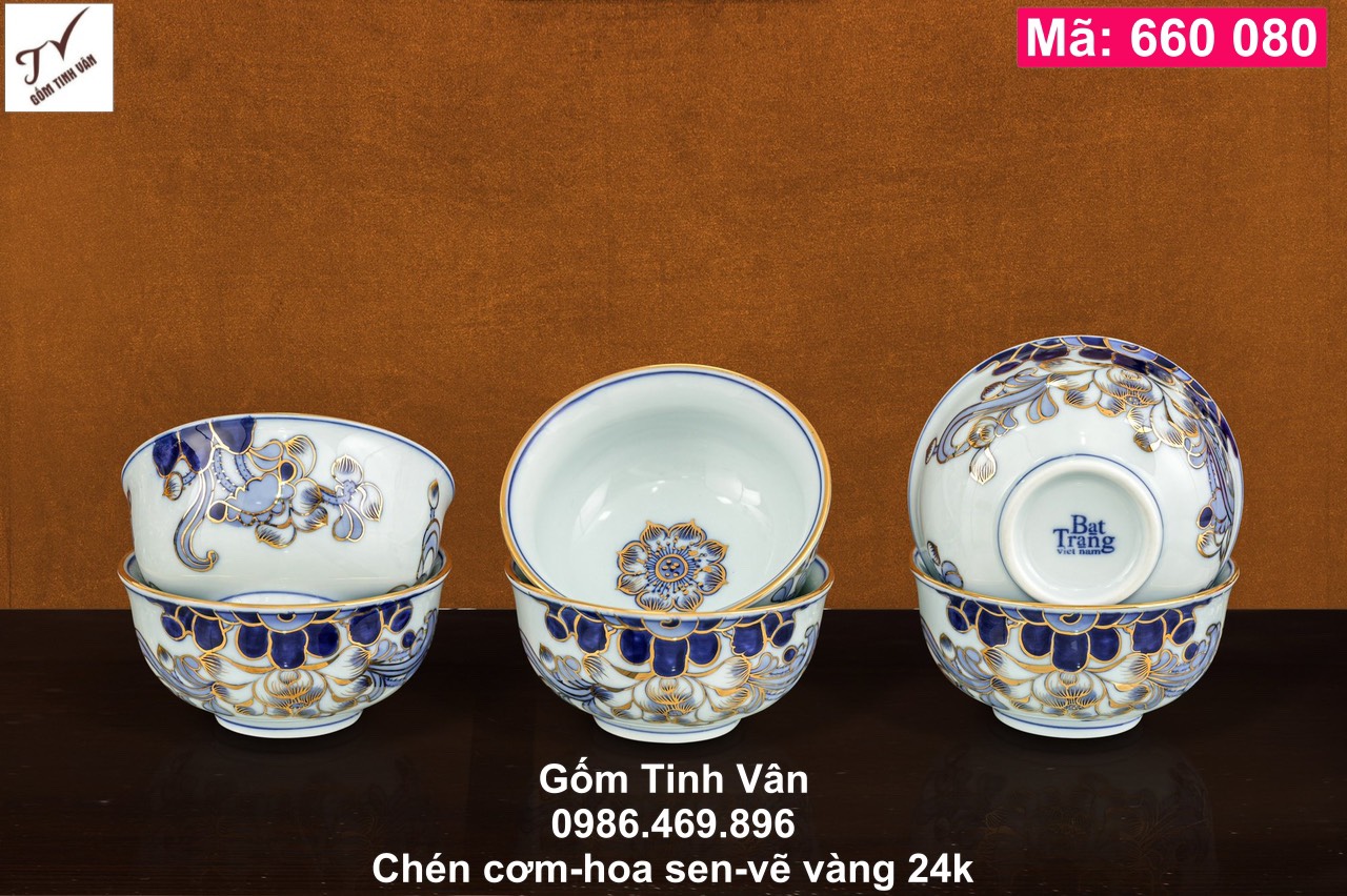 1 Chén cơm cúng, mã 660080, sen xanh, vẽ vàng 24k, đồ thờ cúng, ban gia tiên, tài địa, phật, ông táo, gốm bát tràng, tinh vân