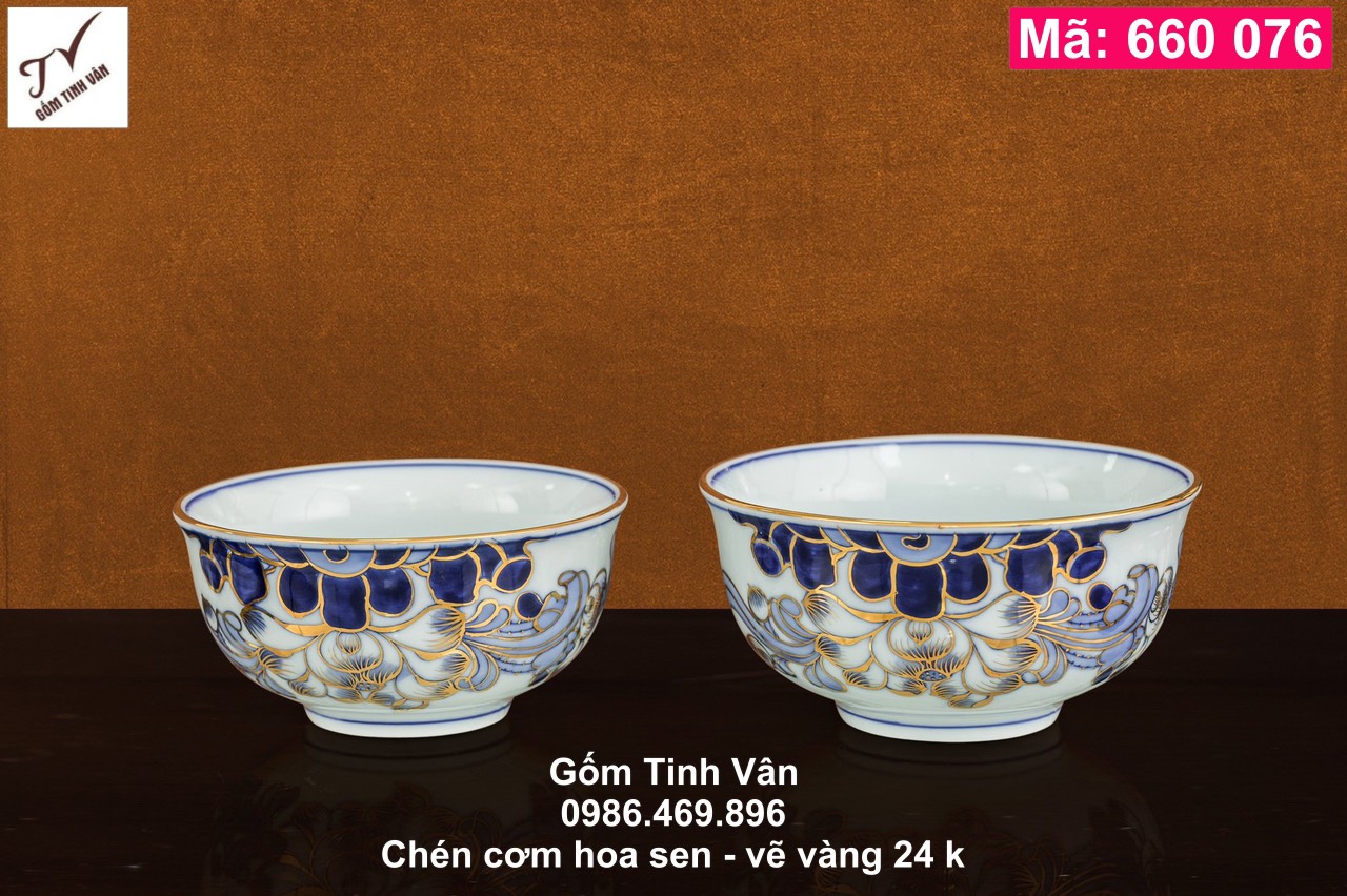 1 Chén cơm nhỏ hoa sen xanh lam, mã 660076, vẽ vàng 24k, đồ thờ cúng, ban gia tiên, tài địa, gốm sứ bát tràng, tinh vân