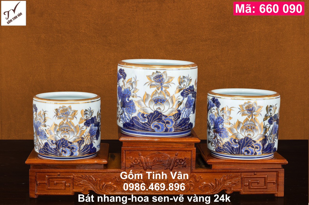 1 chiếc bát nhang, mã 660090, sen xanh, vẽ vàng 24k, đồ thờ cúng, ban gia tiên, tài địa, phật, ông táo, gốm bát tràng, tinh vân