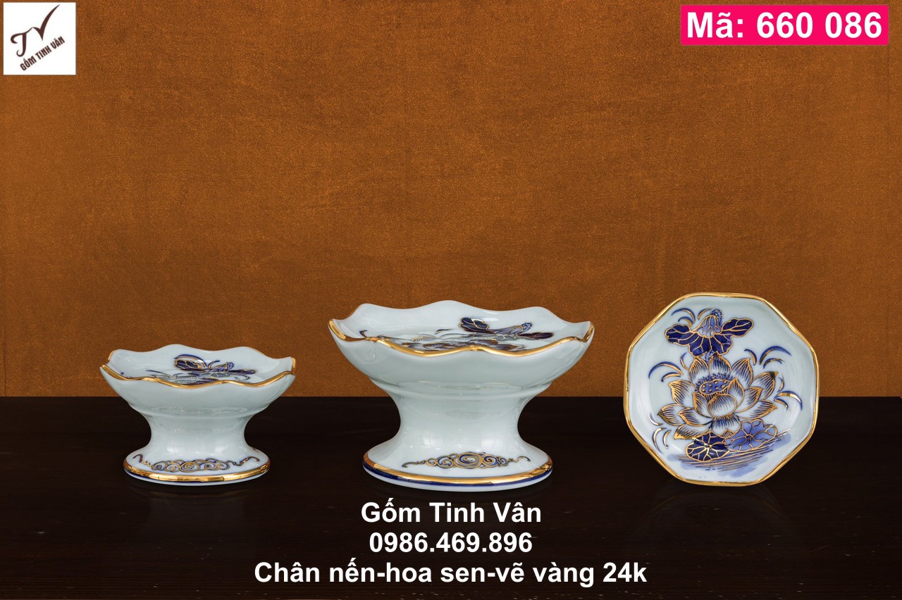 1 chiếc chân nến, chân đèn cày, mã 660086, sen xanh, vẽ vàng 24k, đồ thờ cúng, ban gia tiên, tài địa, phật, ông táo, gốm bát tràng, tinh vân