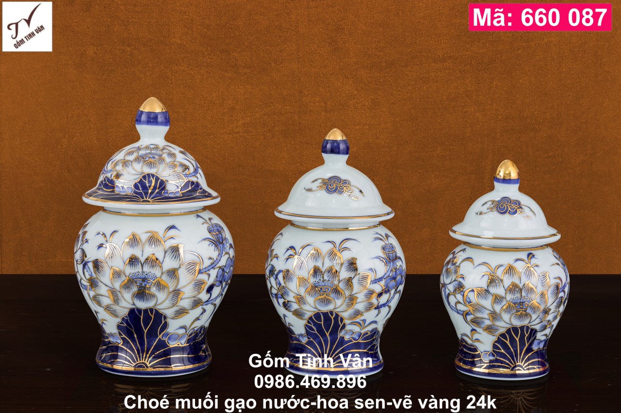 1 chiếc choé, hũ muối gạo nước, mã 660087, sen xanh, vẽ vàng 24k, đồ thờ cúng, ban gia tiên, tài địa, phật, ông táo, gốm bát tràng, tinh vân