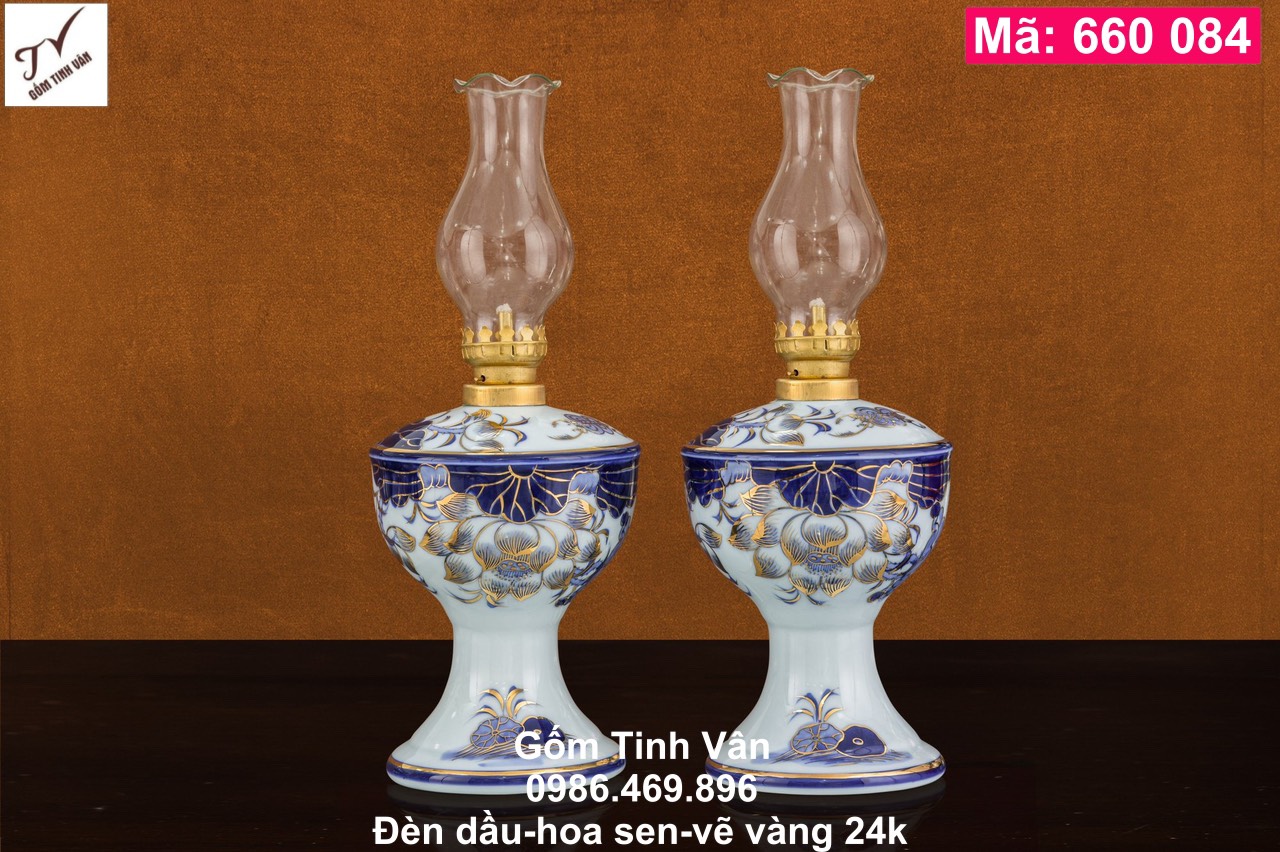 1 chiếc đèn dầu, mã 660084, sen xanh, vẽ vàng 24k, đồ thờ cúng, ban gia tiên, tài địa, phật, ông táo, gốm bát tràng, tinh vân