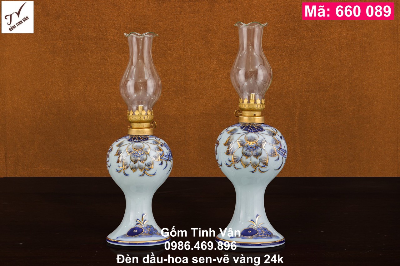 1 chiếc đèn dầu, mã 660089, sen xanh, vẽ vàng 24k, đồ thờ cúng, ban gia tiên, tài địa, phật, ông táo, gốm bát tràng, tinh vân
