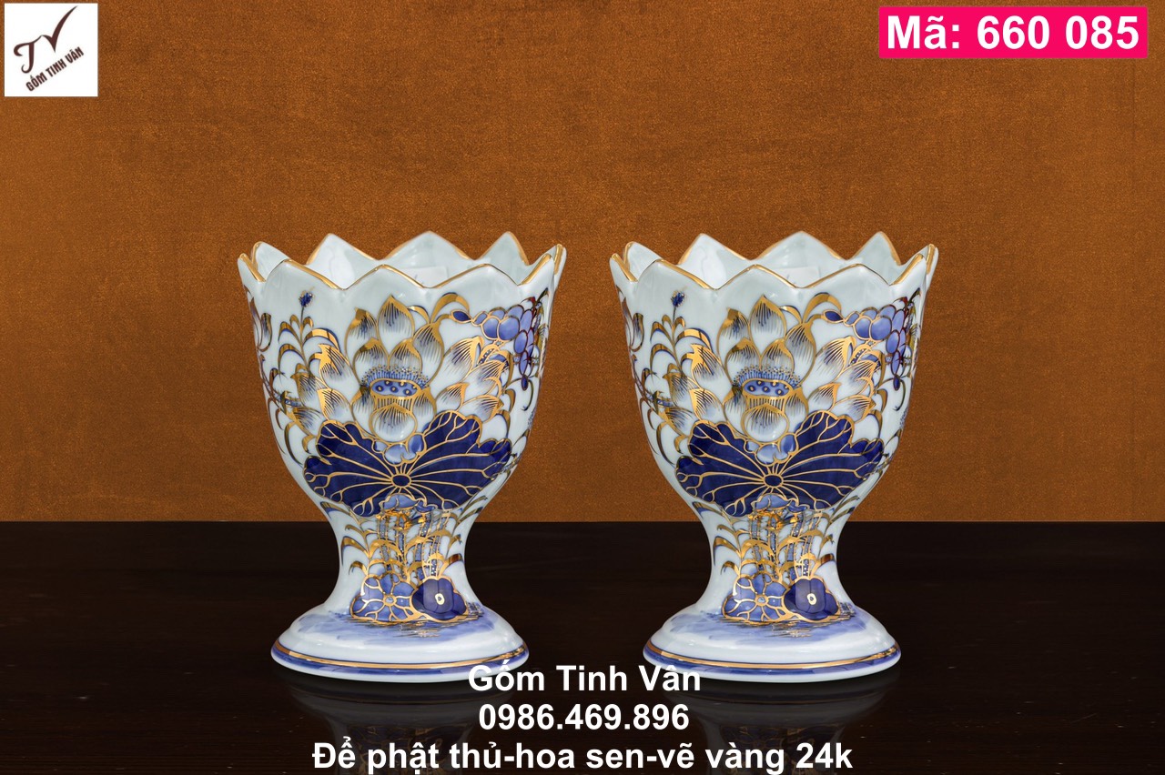 1 chiếc để phật thủ, mã 660085, sen xanh, vẽ vàng 24k, đồ thờ cúng, ban gia tiên, tài địa, phật, ông táo, gốm bát tràng, tinh vân