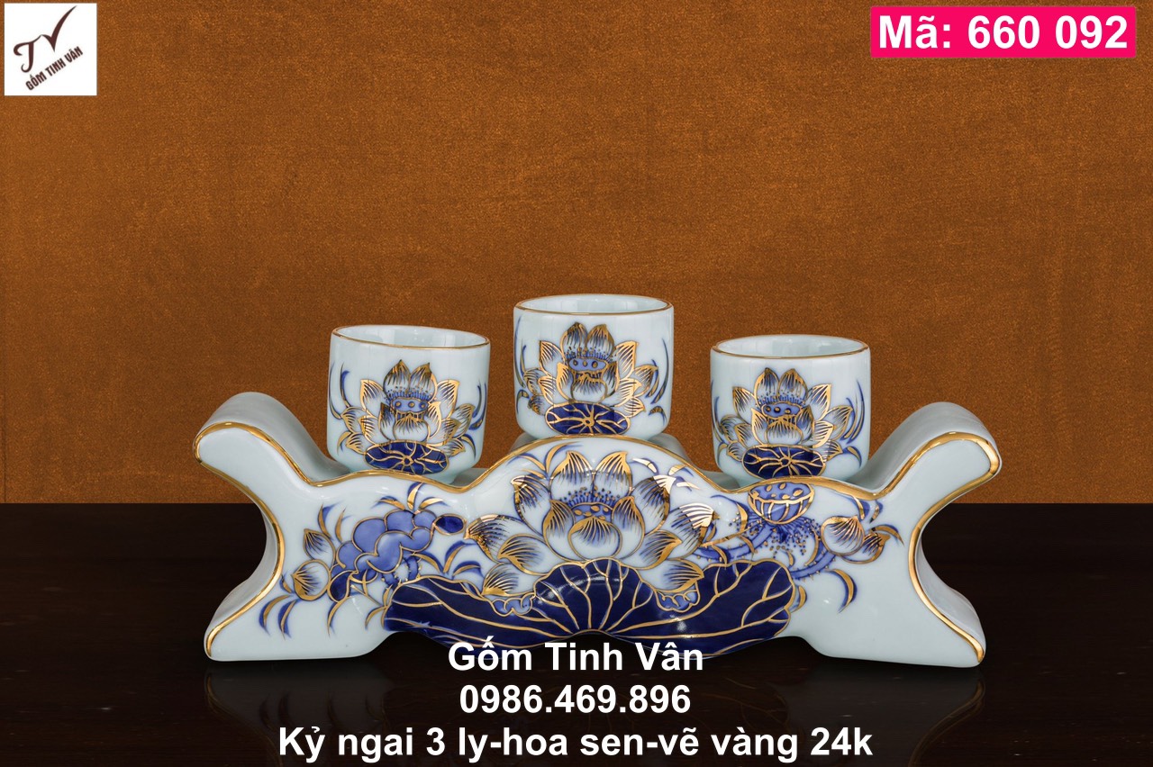 1 chiếc kỷ ngai 3 ly, mã 660092, sen xanh, vẽ vàng 24k, đồ thờ cúng, ban gia tiên, tài địa, phật, ông táo, gốm bát tràng, tinh vân